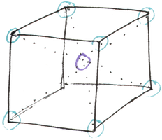 A body-centered cubic cell with lattice points marked